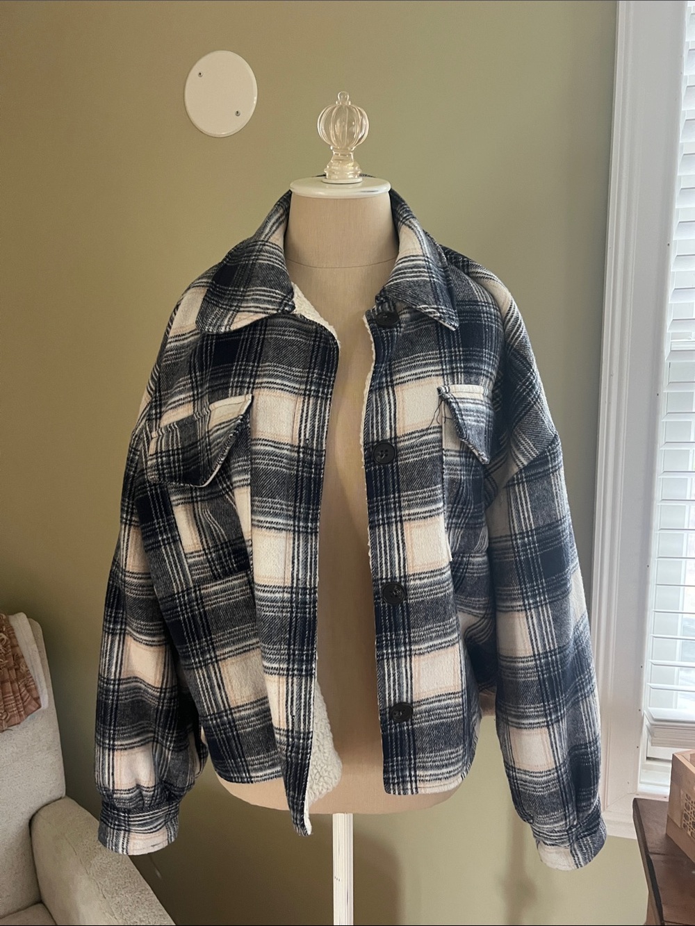 Vintage Havana Blue Cream Plaid Utility Sherpa Jacket Shacket small buttoned sm